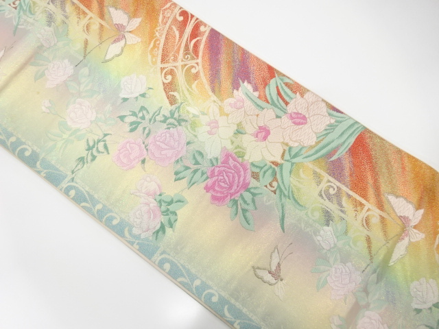 薔薇に蝶模様織出し袋帯